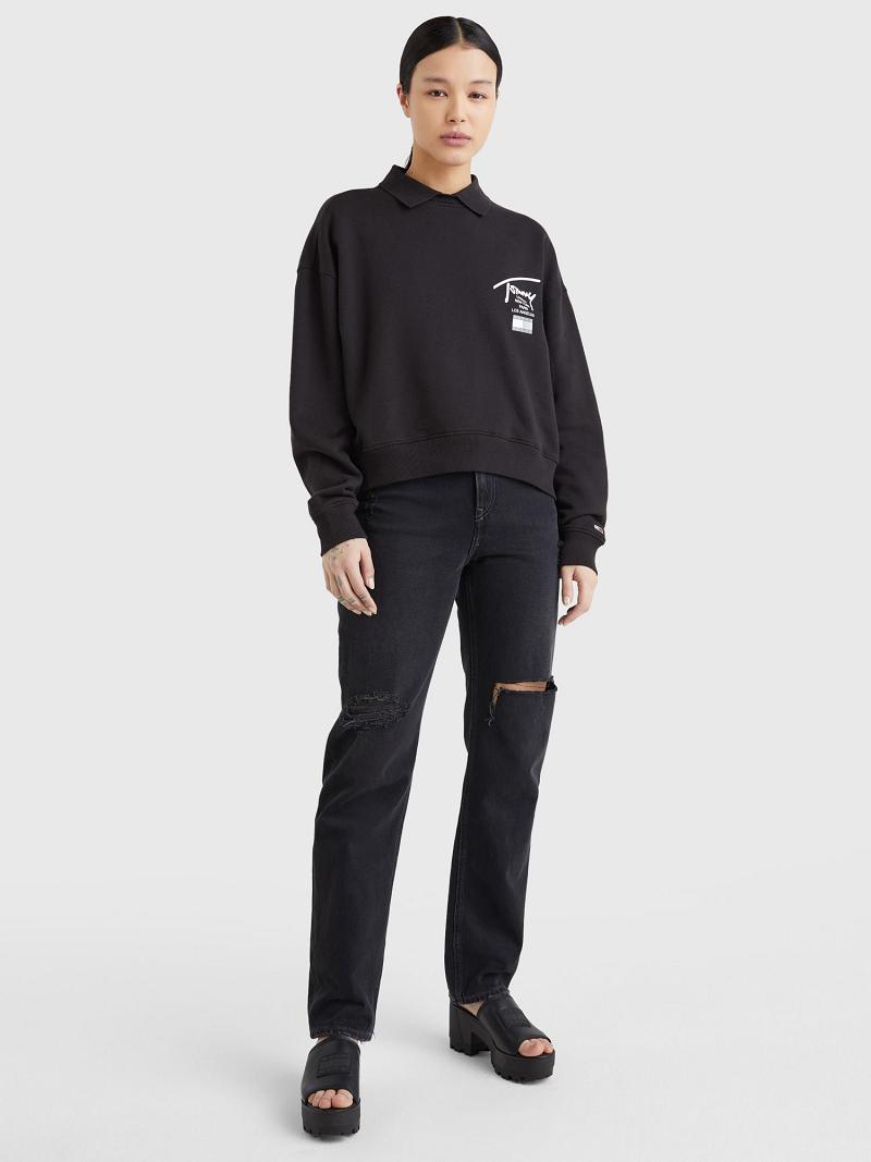 Női Tommy Hilfiger Cropped Signature Pulóverek Fekete | HU 379BEX